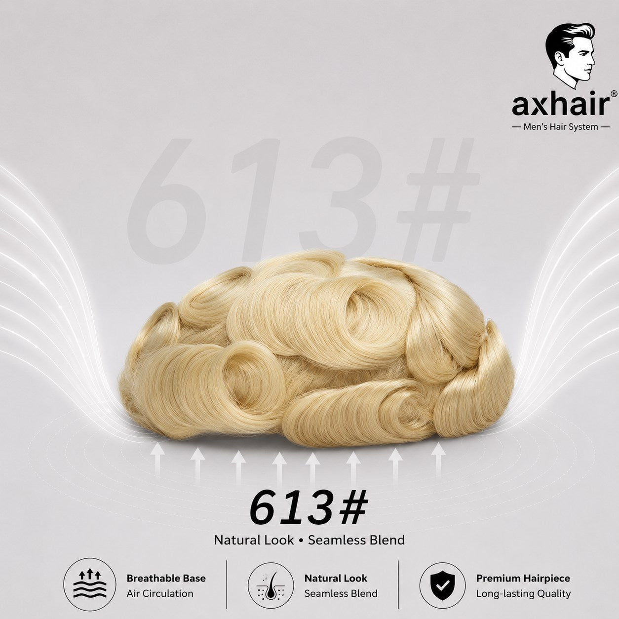 Men's full toupee with natural blonde wavy hair, thin skin base, single knots